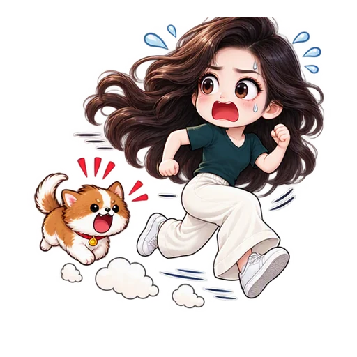 AI emoji sticker "Dog chase!" made from a photo — static, no motion